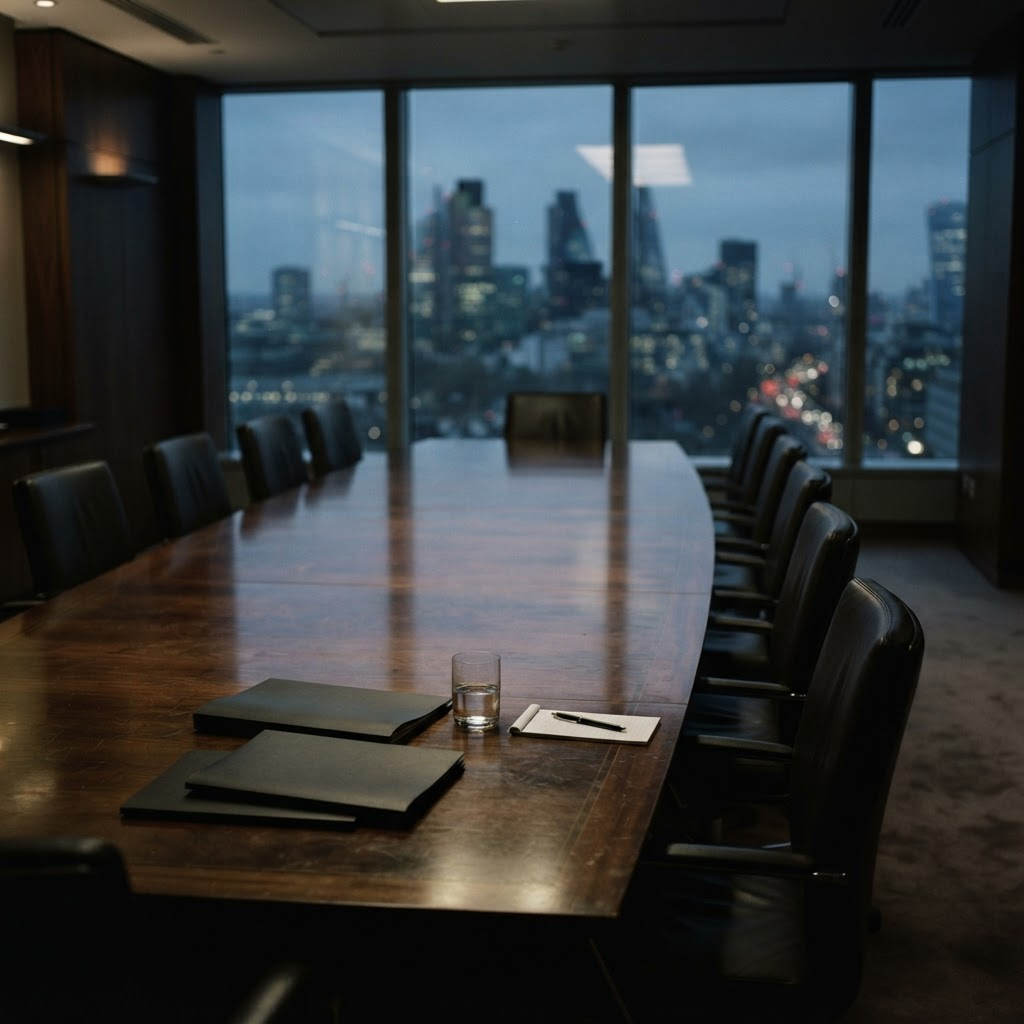 An empty executive boardroom at dusk with a long conference table and city skyline beyond