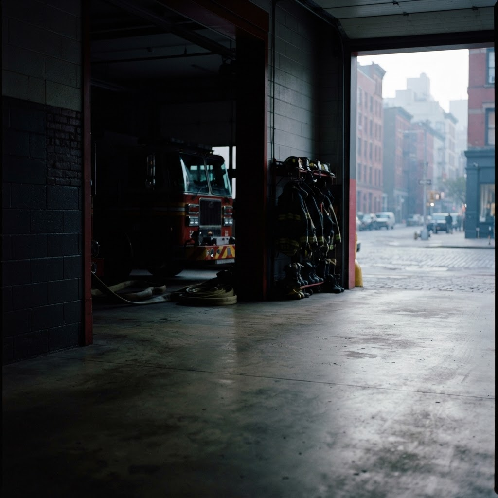 The dim interior of a working Lower Manhattan firehouse with an open bay door letting soft morning light onto the street