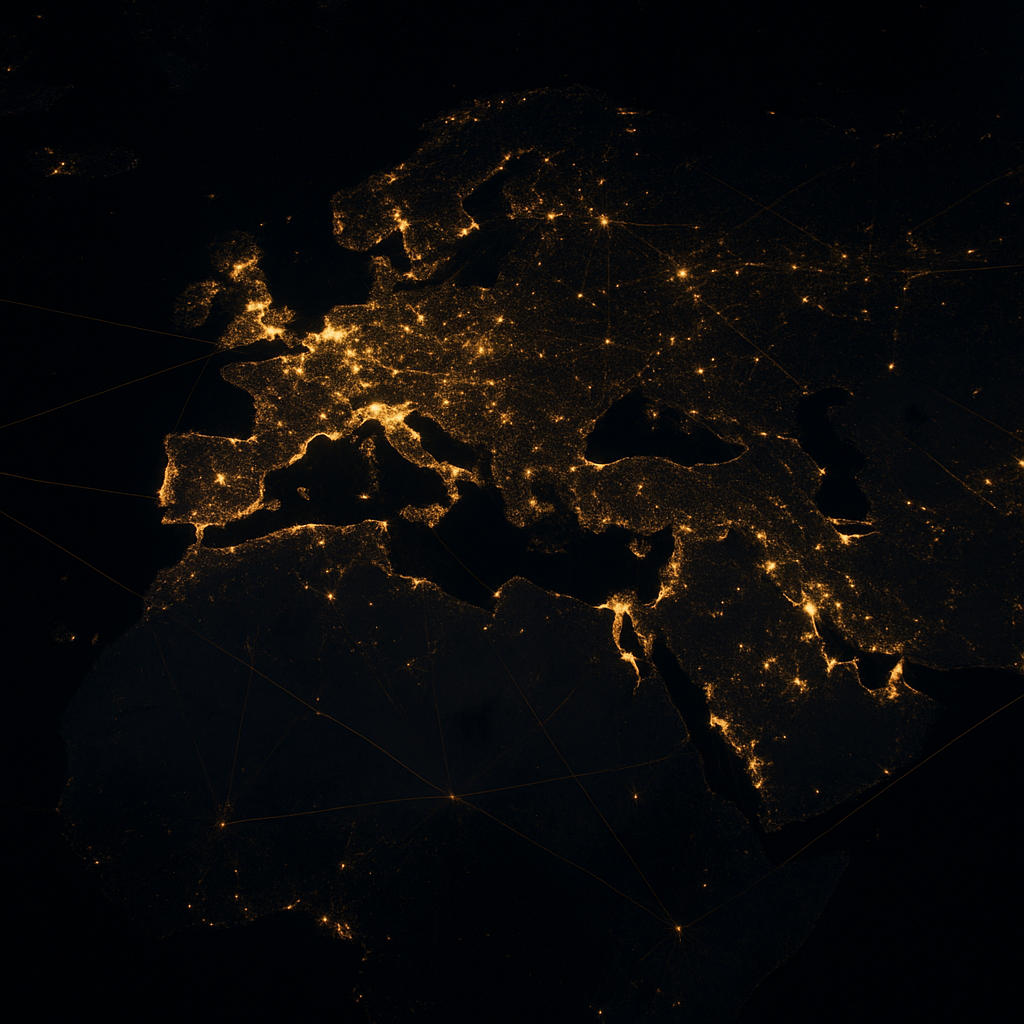 Satellite view looking down at Earth at night with glowing city lights and golden data networks across dark terrain