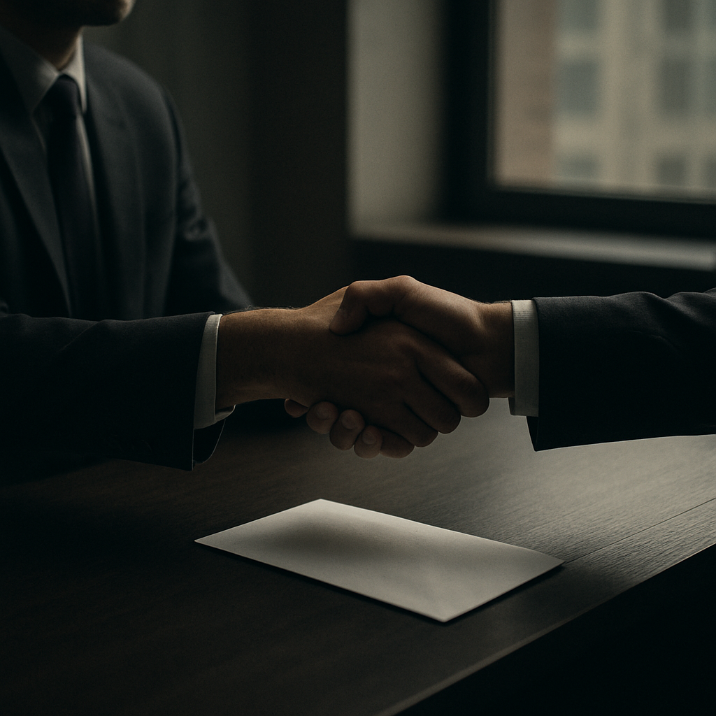 Two professionals in dark business suits shaking hands across an office desk at dusk — a discreet arrangement beneath a legitimate surface