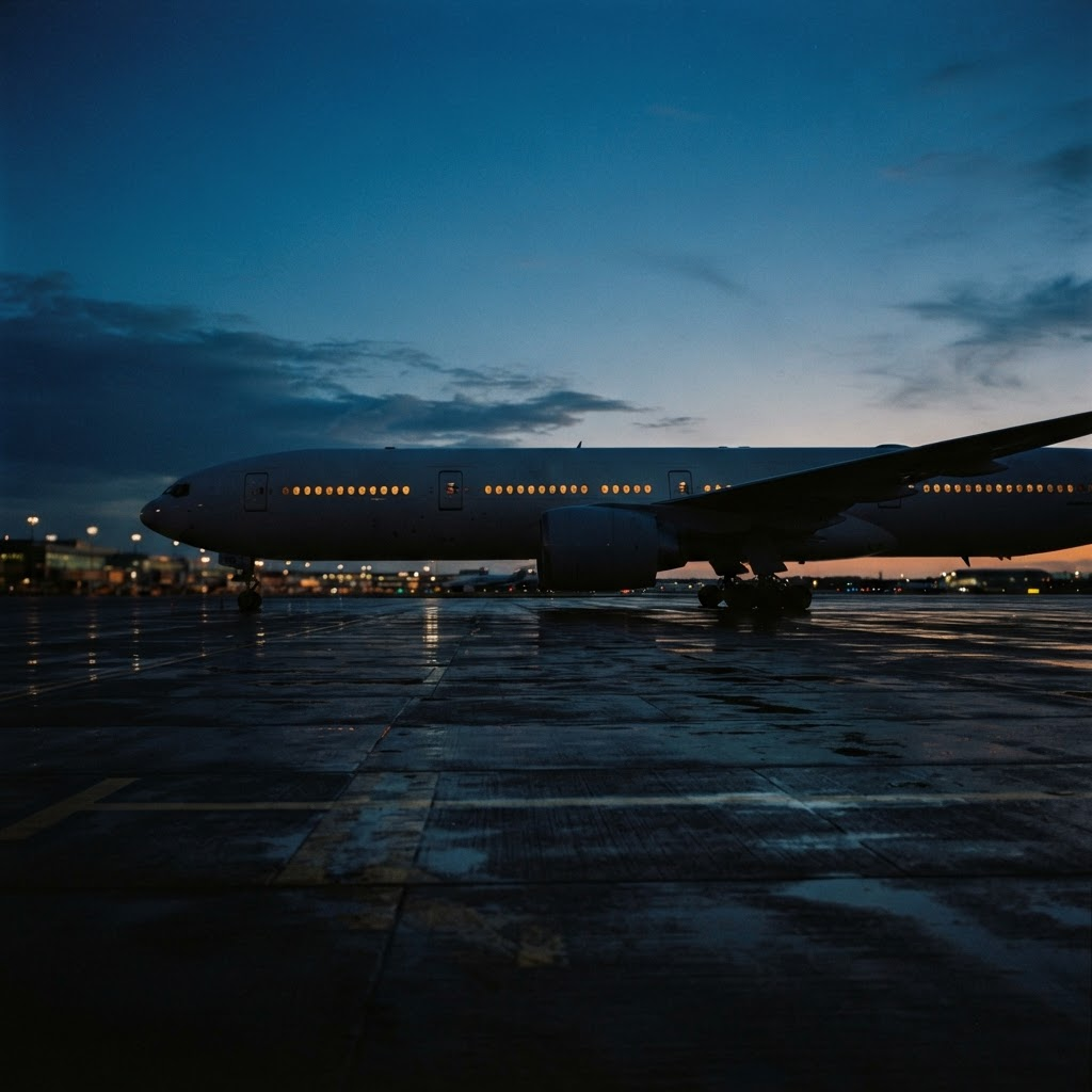 A dark commercial airliner cockpit at night with softly glowing instrument panels — trust, credentials, and hidden institutional risk