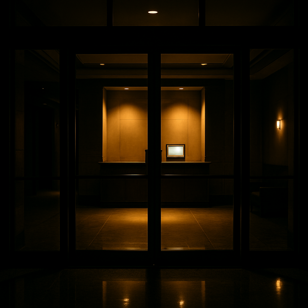 Dimly lit premium bank lobby at night - calm and professional on the surface, quietly unsettling beneath