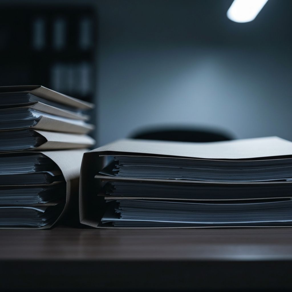 Stacked compliance documents in dim office lighting