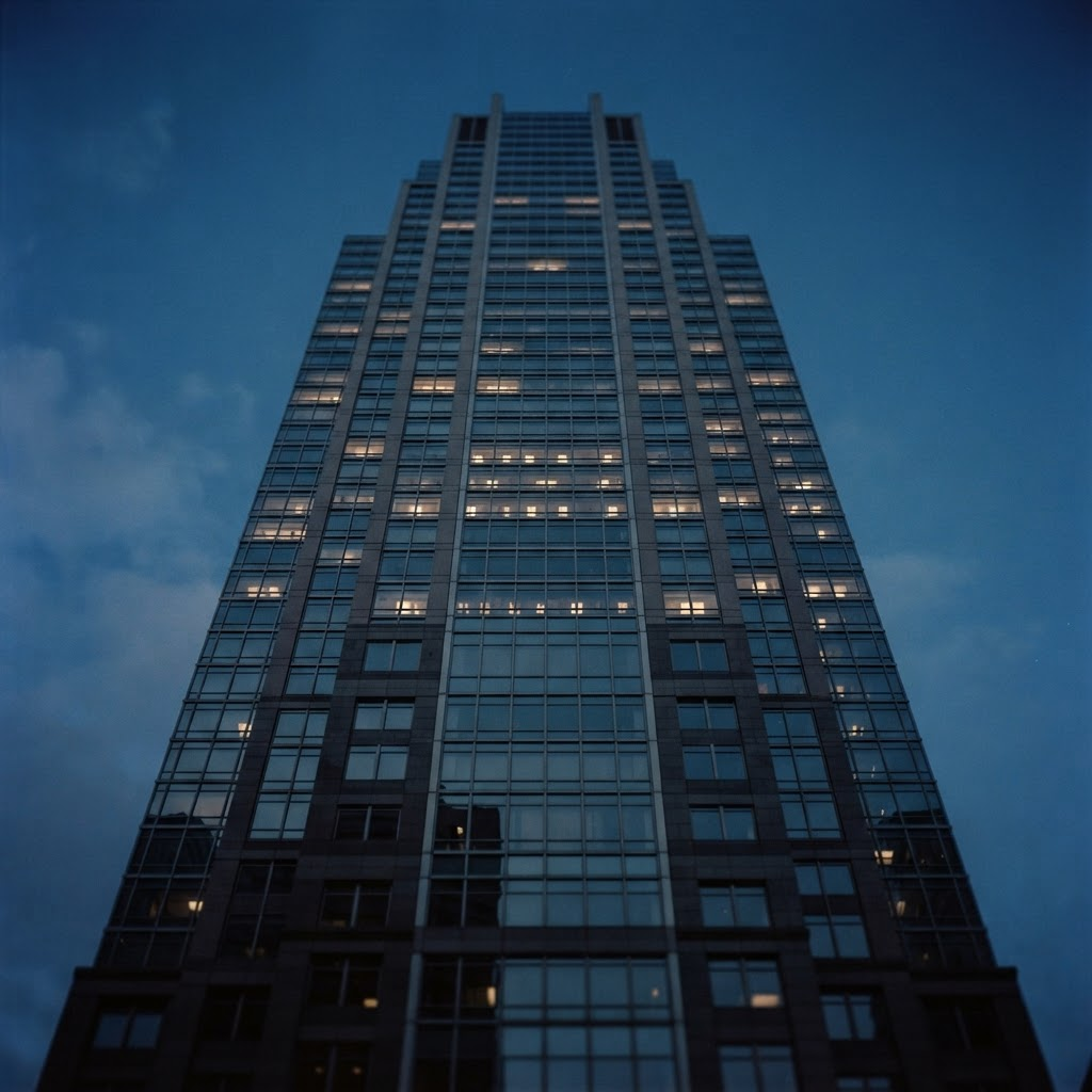 A modern financial-district skyscraper facade at blue hour — institutional oversight and trust under examination
