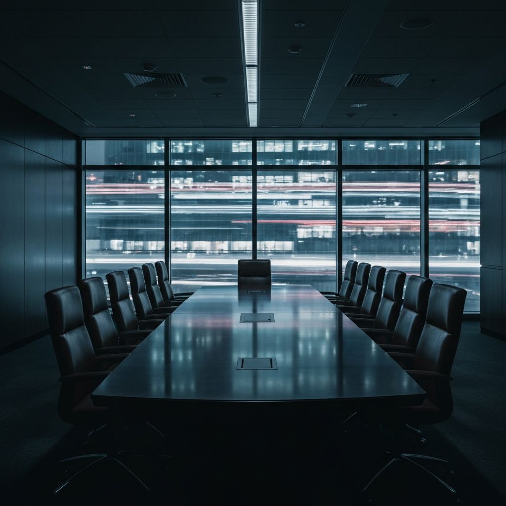 Empty corporate boardroom at night with city lights