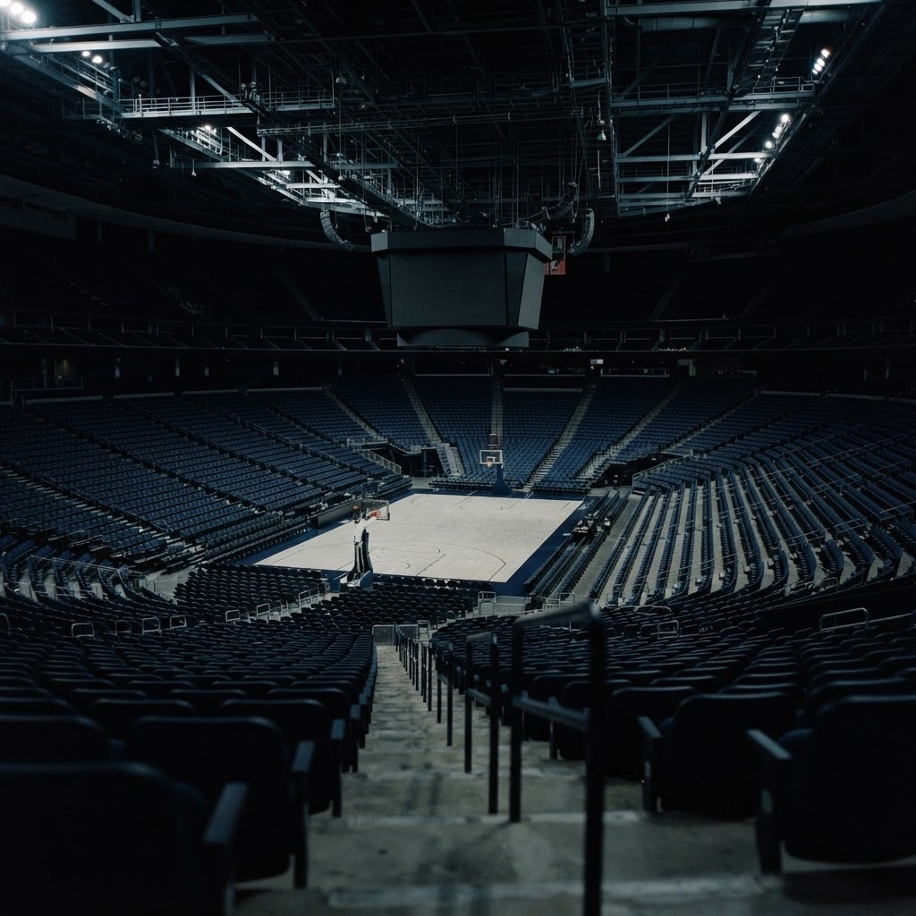 A dim, empty professional basketball arena viewed from the darkened upper stands — observation, scale, and the space between what is watched and what goes unseen
