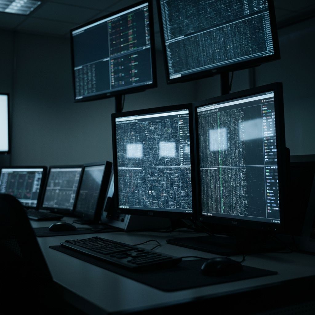 Surveillance monitors in dimly lit control room