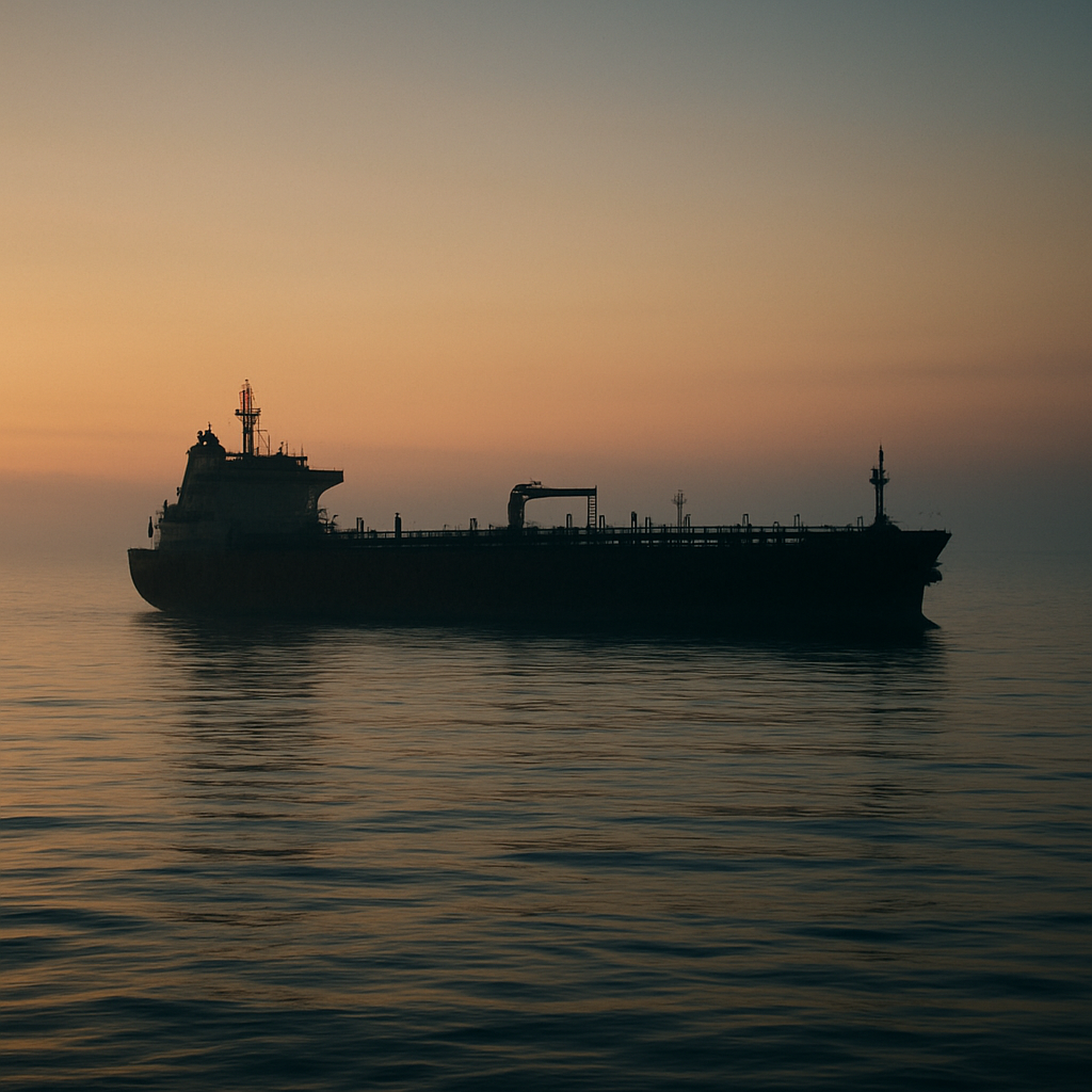 Cargo tanker ship silhouette on open ocean at twilight