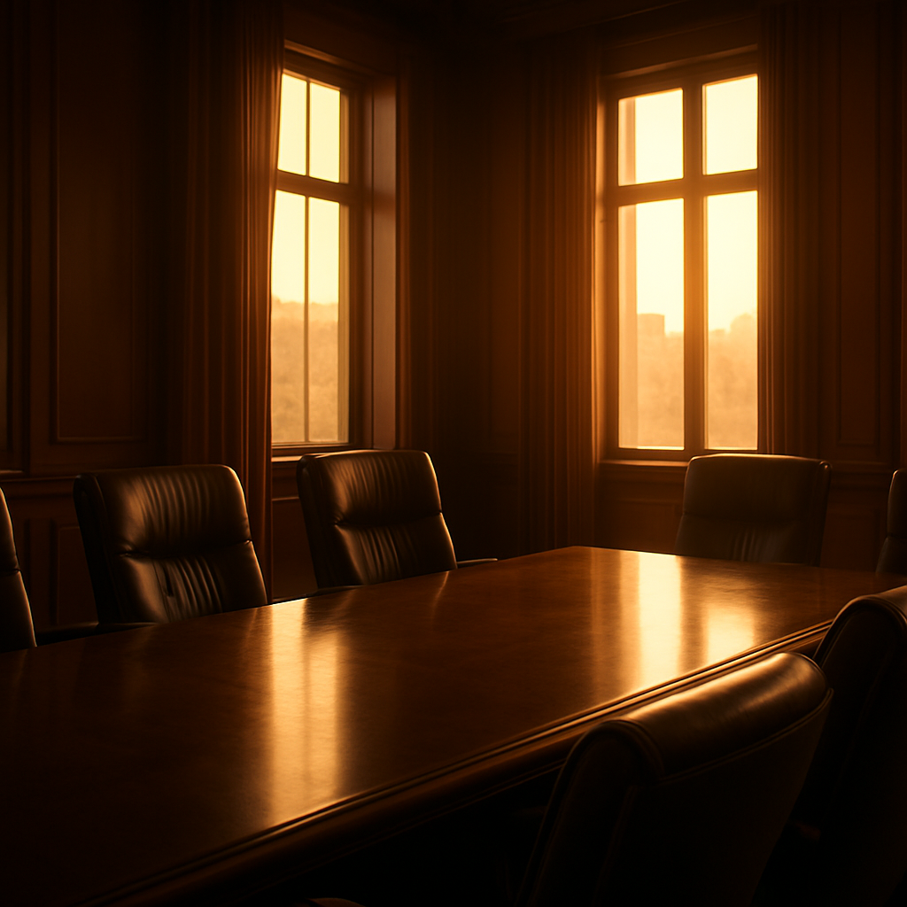 Elegant executive boardroom with warm amber light through windows