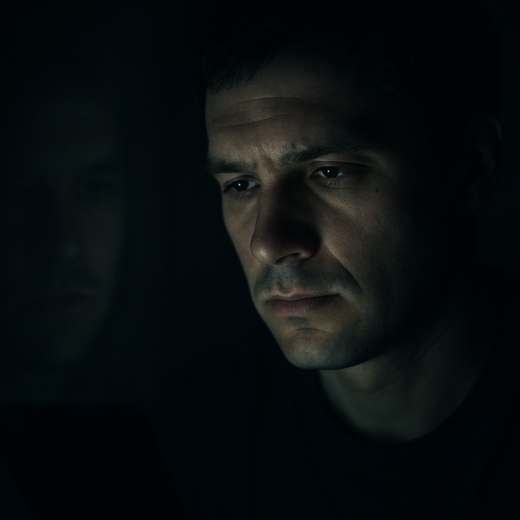 Face illuminated by screen glow in darkness, contemplating digital identity